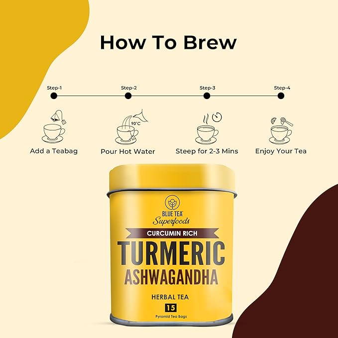 BLUE TEA - Turmeric Tea - Ashwagandha - 15 Count - Plant Based Tea Bag | CURCUMIN RICH - HERBAL BLEND | Herbal Tea - Caffeine Free - Non-GMO - Vegan - Gluten Free - No Sugar | Reusable Tin Pack