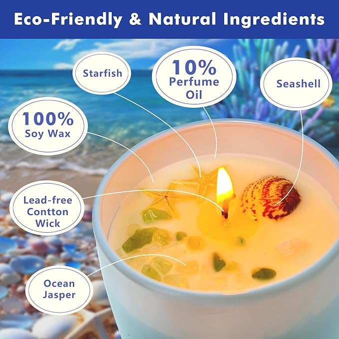 Ocean Scented Candles Gift for Women-10oz Aromatherapy Sea Beach Soy Candles for Home Scented with Healing Crystal inside-55H Burn Gifts for Christmas, Birthday, Women, Mother's Day
