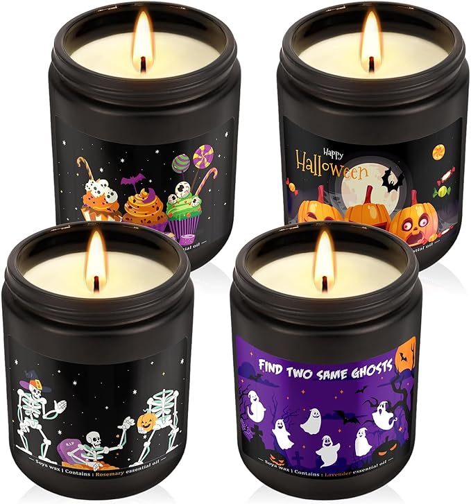4 Pack Black Halloween Scented Candles -7oz Soy Wax Candles with Essential Oils (Rosemary, Vanilla, Gardenia, Lavender)