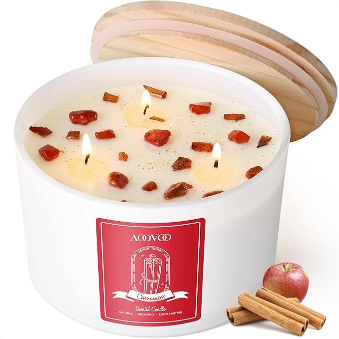 AOOVOO Apple Cinnamon Scented Candles for Women - 20oz 3 Wick Soy Candles for Home Scented, Aromatherapy Candle with Crystals Inside, Birthday Gifts Christmas Candle for Women Mom