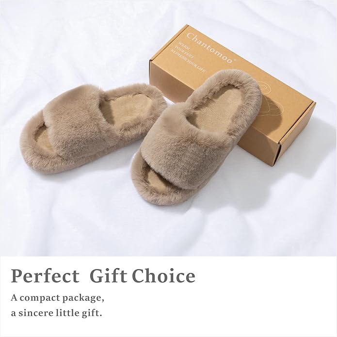 Chantomoo Women's Blue Memory Foam Faux Fur Lined Open Toe Slippers for Women - US 12