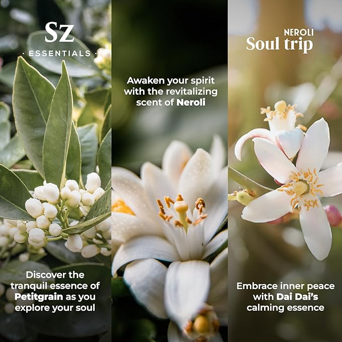 Neroli Soul Trip Essential Oils Collection- Neroli + Petitgrain Sur Fleurs + Dai Dai Blossom -Set of 3 Bottles (0.17 Fl Oz- 5ml each)- 100% Pure & Undiluted - Therapeutic Grade & Vegan