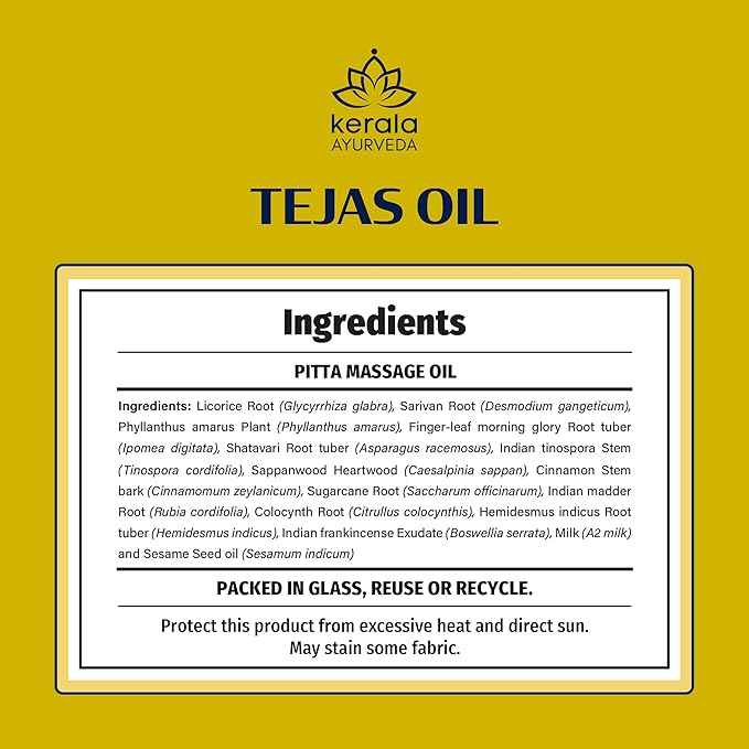 Kerala Ayurveda Cooling Herbal Massage Body Oil | Mind Calming Properties | Nourishes & Hydrates Skin | Indian Madder Root Rich | Ideal for Balancing Pitta Dosha | Tejas Oil - 6.8 Fl Oz