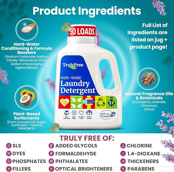 Truly Free Natural Laundry Detergent for Sensitive Skin | Eco Friendly, Plant Based, Baby Clothes Safe | Clean & Easy Powder to Liquid, 6 Pack Refill Detergent, NO Jug | Signature Scent, 300 Loads