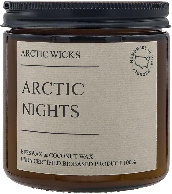 Arctic Wicks Handcrafted Candles | Non Toxic Coconut Beeswax Candles 16oz Double Wick | 100% USDA Certified Biobased, Handmade, Premium Waxes, Non-Toxic (Arctic Nights, 16oz Amber Jar)