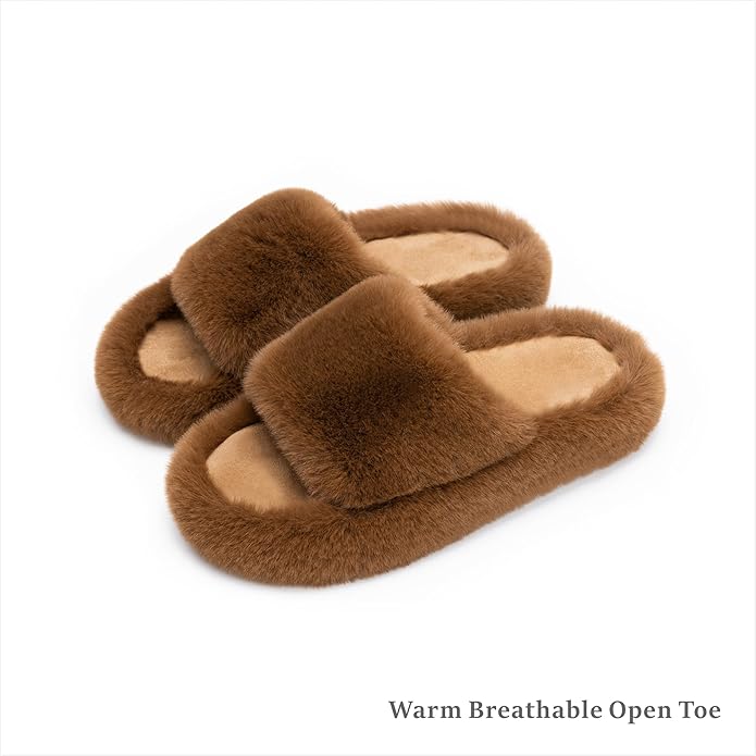 Chantomoo Women's Blue Memory Foam Faux Fur Lined Open Toe Slippers for Women - US 12