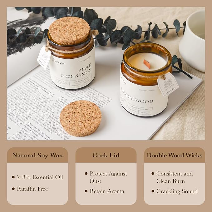 Scented Candle, 7.05 oz Apple & Cinnamon Aromatherapy Candle, Natural Soy Wax with Wooden Wick, Candles for Home Scented, Stress Relief Amber Jar Candle Gifts