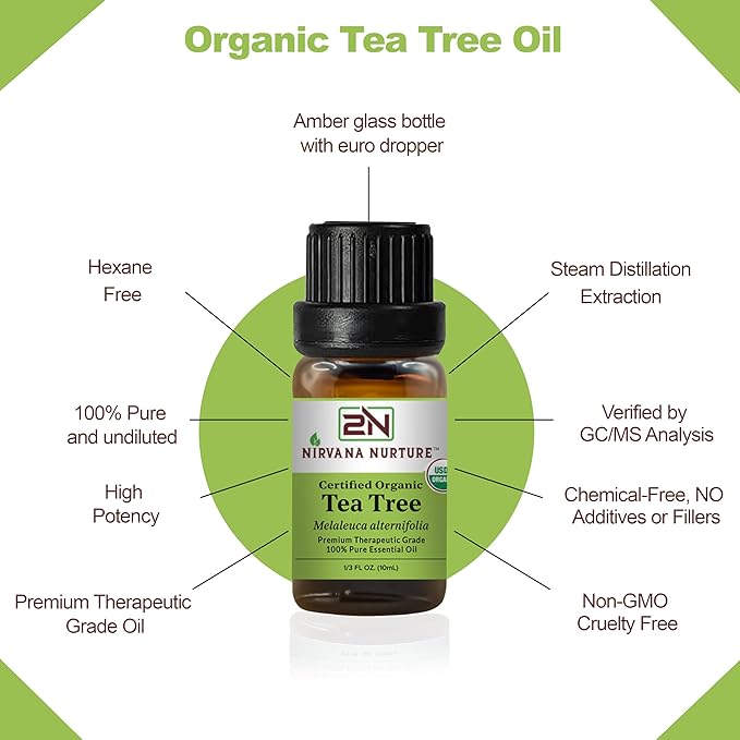 Tea Tree Essential Oil USDA Certified Organic, 100% Pure Natural Premium Grade, Undiluted- Aromatherapy Diffuser for Calm and Relaxation, Skin Care, Hair Care