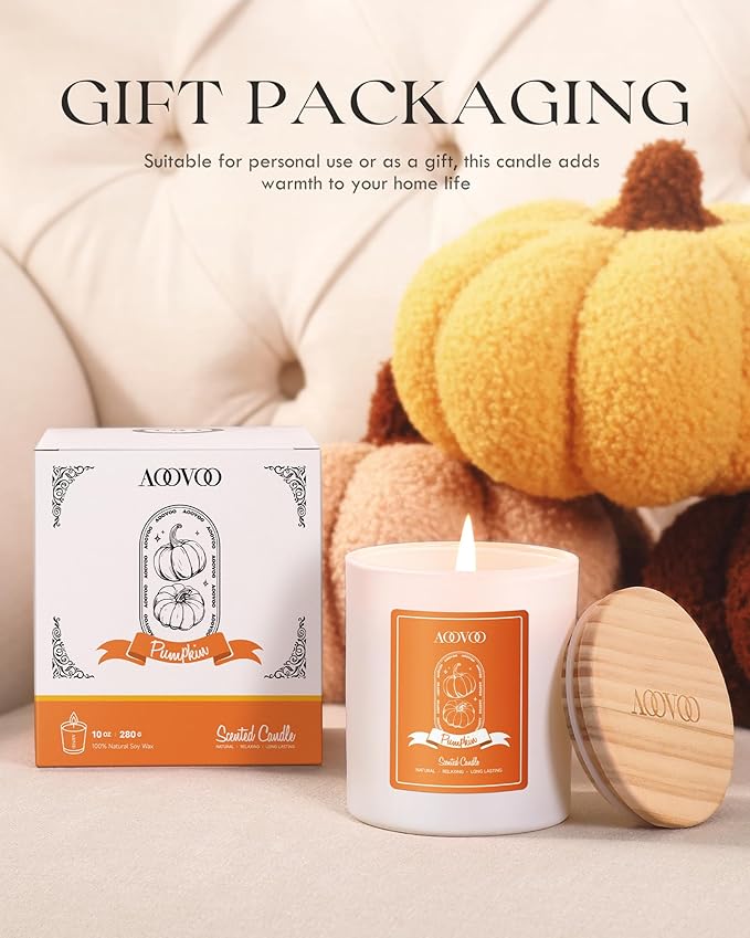 AOOVOO Pumpkin Scented Candles for Women - Aromatherapy Candle with Crystals Inside, 10oz Soy Candles for Home Scented, Birthday Gifts Candle for Women Mom