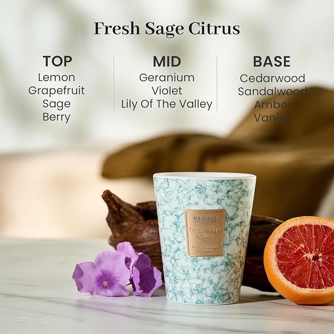 M&SENSE Fresh Sage Citrus Scented Soy Candle, 3 Wick Highly Scented 14.1 Oz 80H, Aromatherapy Christmas Gift for Women and Men