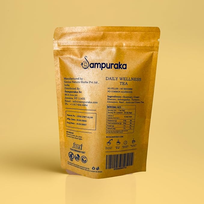 Sampuraka Daily Wellness Tea – Herbal Tea for Immunity & Relaxation Support with Turmeric, Ashwagandha, Ginger | Organic, Caffeine-Free (30 Tea Bags)