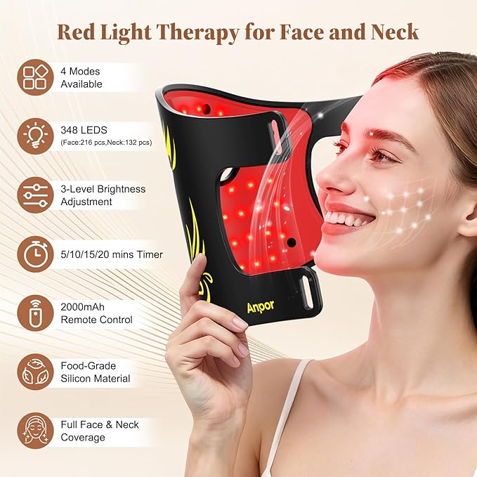 Red Light Therapy for Face and Neck Chest, Valentines Day Gifts, LED Face Mask Light Therapy, Rechargeable 2000mAh Red Light Mask with 348 LED Beads, 4 Modes, Timer for Home Skincare (Black)