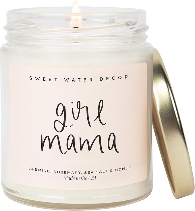 Sweet Water Decor, Girl Mama Candle – Lemon, Rosemary, Jasmine, and Amber Scented Soy Wax Candle for Moms of Girls – 9oz Clear Jar with Gold Lid, 40+ Hour Burn Time, Made in The USA