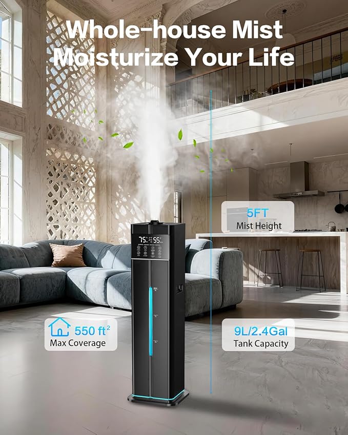 Cool Mist Humidifiers for Large Room, Ultrasonic 2.4Gal 9L Quiet Top-Fill, Easy Clean with Essential Oil Tray, 360°Nozzle, 4 Speed, Remote, 60H Runtime, for Baby, Adults, Plants, Home, House, Bedroom