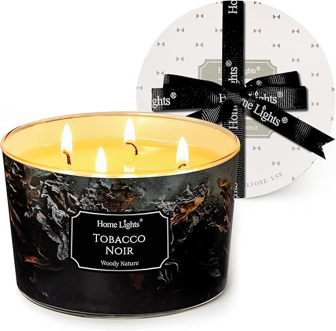 HomeLights Scented Candles for Women & Men, 18oz Candle Jars Aromatherapy 4-Wick Candle, Ideal for Industrial Chic Home Decor and Gifts, Tobacco Noir Fragrance