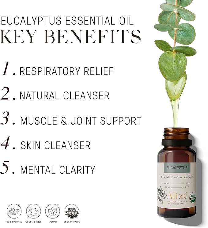 Eucalyptus Essential Oil, USDA Organic 100% Natural & Pure Essential Oils for Diffusers for Home, Aromatherapy Oils, Diffuser Oils Scents for Wellness, 10ml-0.33 fl oz