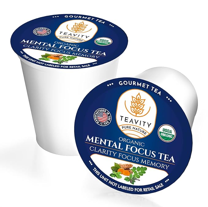 Teavity Organic Mental Focus Tea Pods (24 Count) - Moringa, Peppermint, Holy Basil & Turmeric - Naturally Decaf - Keurig Compatible