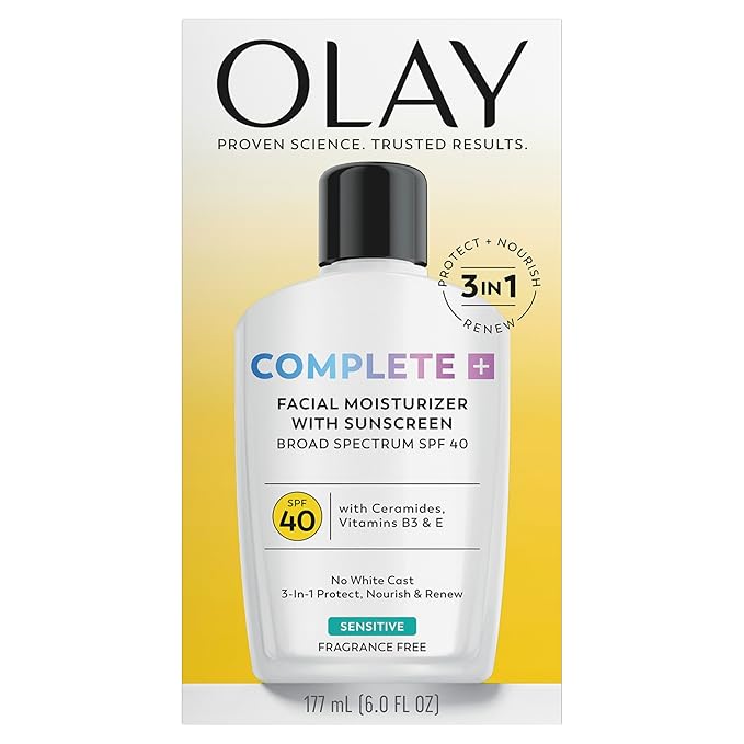 Olay Complete+ Face Moisturizer with Sunscreen SPF 40, For Sensitive Skin,Broad Spectrum Sun Protection,Fragrence-Free-No White Cast on All Tones,Nourishes Moisture Barrier-Ceramides,6 Oz(Pack of 2)