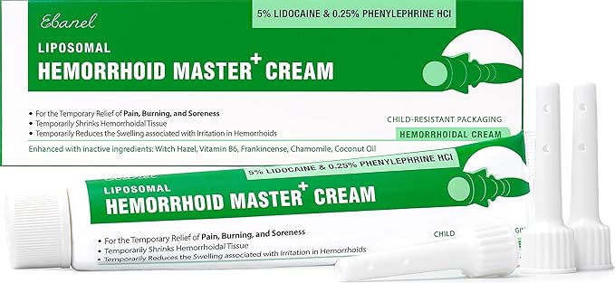 Ebanel 5% Lidocaine Hemorrhoid Treatment Cream with Witch Hazel, Phenylephrine, Horse Chestnut, Vitamin B6, Zinc Oxide, External and Internal Hemorrhoids Treatment Burn Itch Pain Relief Anal Cream
