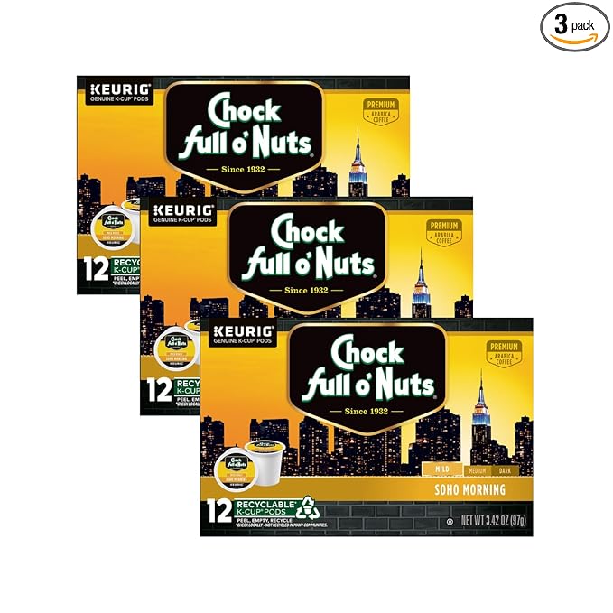 Chock Full o'Nuts Soho Morning Coffee, Mild Roast, Compatible with K-Cup Pods, 12 CT (Pack of 3)