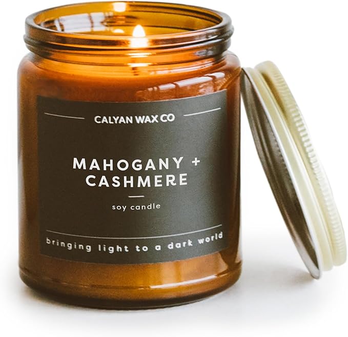 Calyan Wax Co. Mahogany & Cashmere Scented Candle - 57 Hour Burn - Luxury Non Toxic Soy Wax Candles - Long Lasting Amber Glass Jar Candle for Home - 7.2oz