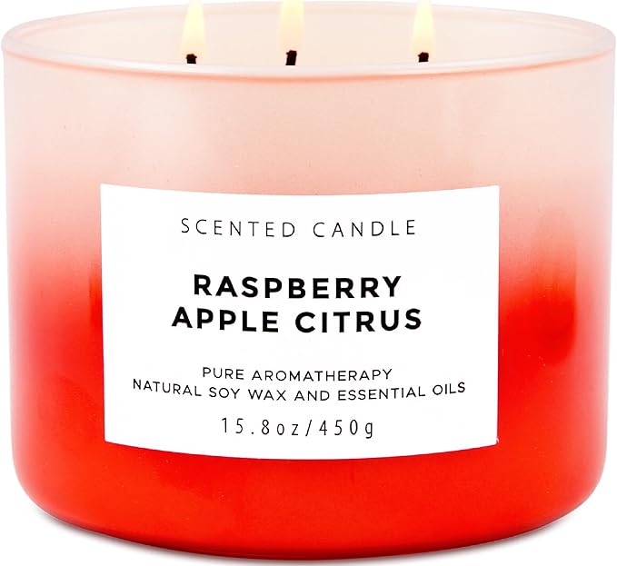 Large 3 Wick Soy Candle 15.8 oz - Raspberry Apple Citrus Scented Candle with Cranberry & Warm Cinnamon - Clean Burn, Long Lasting - Aromatherapy Candle for Relaxation & Stress Relief