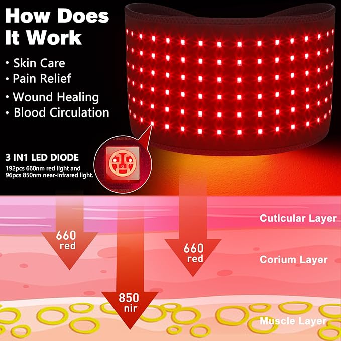 DGXINJUN Cordless Red Light Therapy for Waist Back Pain Relief Near Infrared Light Therapy Device for Body Led Portable Wearable Belt Wrap Rechargeable with 4000mAh Battery