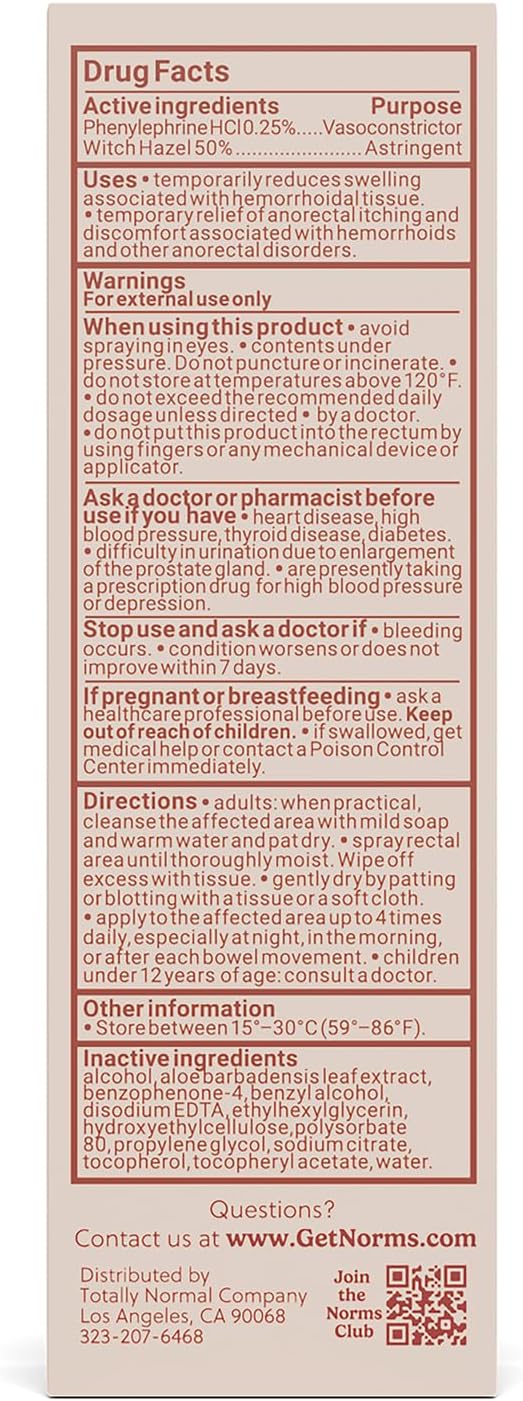 Norms Cooling Hemorrhoid Spray, Maximum Strength Touch-Free Relief with Phenylephrine, Witch Hazel, Aloe, Shrinks Swelling, Calms Itching, Soothes on Contact, 3oz Spray