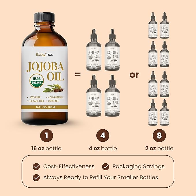 BodyJ4You Organic Jojoba Oil for Skin - USDA Organic 100% Pure Natural - Face Skin Gua Sha Facial Dermaplaning Hair Scalp Massage - Unrefined Cold Pressed Hexane Free - 16 Fl Oz