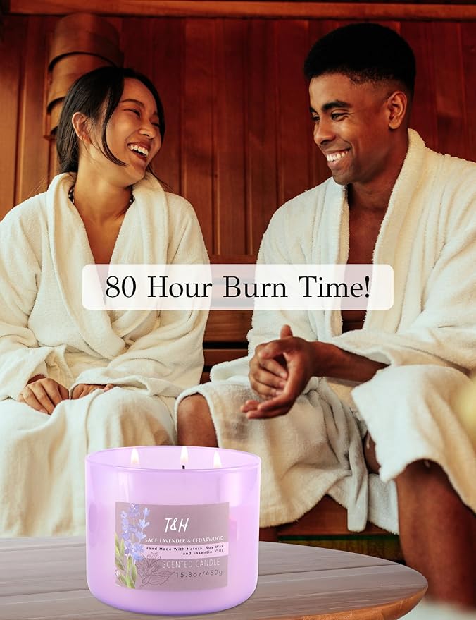 Sage Lavender Cedarwood 3 Wick Scented Soy Candle, 15.8 oz - Aromatherapy Stress Relief Candle - Clean Burning, Long Lasting, Earthy Scented Candle for Home, Men & Women
