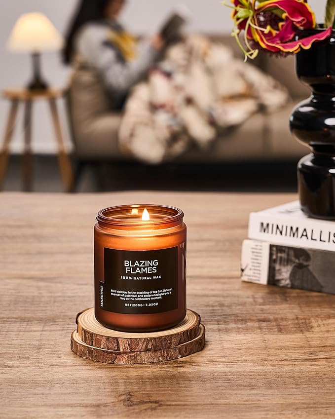 M&SENSE Blazing Flames Scent with Log Fire, Natural Soy Wax Slow Burning Candle for Home Decor, Cedarwood &Cade Scented 7.05oz 50 Hours Burn Cotton Wick Gifts for Celebration Holiday