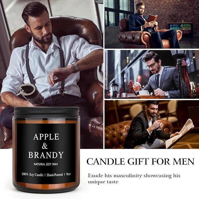 Scented Candles for Men - Apple Brandy Barrel Scent | 50Hr Burn Soy Wax in Brown Glass - Man Cave Gifts, Birthday for Him, Father's Day Gift (9oz)