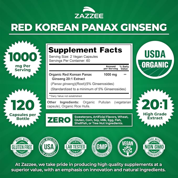 Zazzee USDA Organic Red Korean Panax Ginseng 20:1 Extract, 1000 mg, 5% Ginsenosides, 120 Vegan Capsules, Standardized and Concentrated 20X Root Extract, 100% Vegetarian, All-Natural, Made in The USA