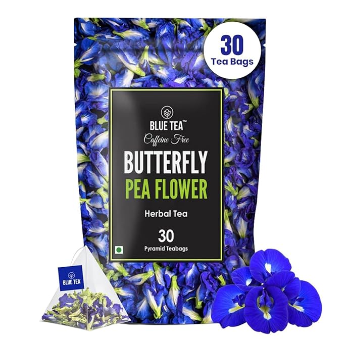BLUE TEA - Butterfly Pea Flower Tea - 30 Count - Pyramid Plant Based Tea Bags | ANTIOXIDANT RICH | Herbal Tea - Flower Based - Caffeine Free - Detox Tea - Non Bitter | Zipper Pack