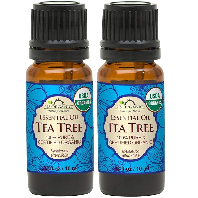 US Organic 100% Pure Tea Tree Essential Oil, Steam Distilled, USDA Certified Organic, for Hair, Skin, Scalp, Foot, Toenails, and More. Sourced from South Africa, Undiluted, Non-GMO (10 ml, 2 Pack)