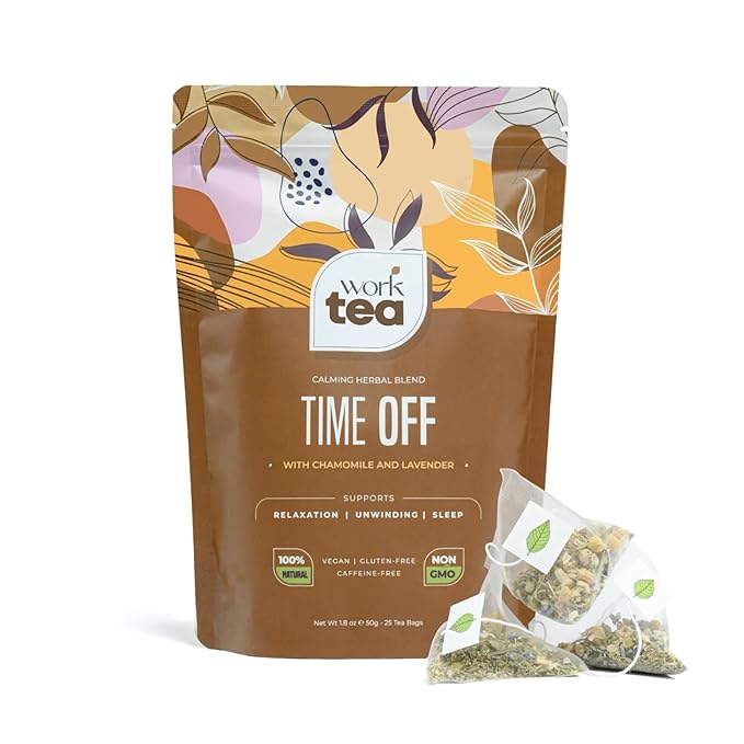 Time Off Relaxing Herbal Fusion • Premium Chamomile Blend with Lemon Balm & Lavender • For Relaxation, Calmness & Sleep Support • 100% Natural & Caffeine-Free (25 Pyramid Tea Bags)