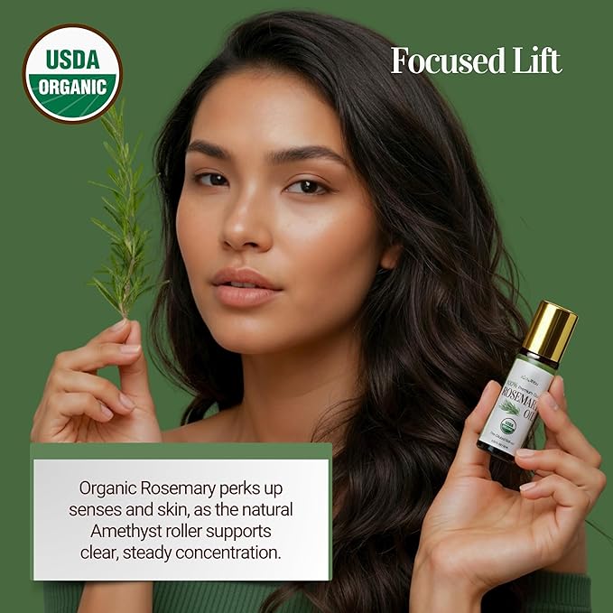 BodyJ4You Rosemary Essential Oil Roll On - Pure 100% USDA Organic MCT Coconut Oil - Natural Amethyst Stone Roller - Scalp Care Roots Temple Massage Hairline - Amber Glass Bottle Rollerball (10ml)