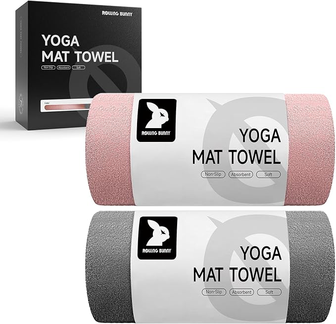 RollingBunny Yoga Mat Towel - Non-Slip Microfiber for Hot Yoga & Pilates | Super Absorbent, Lightweight & Machine Washable 72"x25" (Pink + Gray)