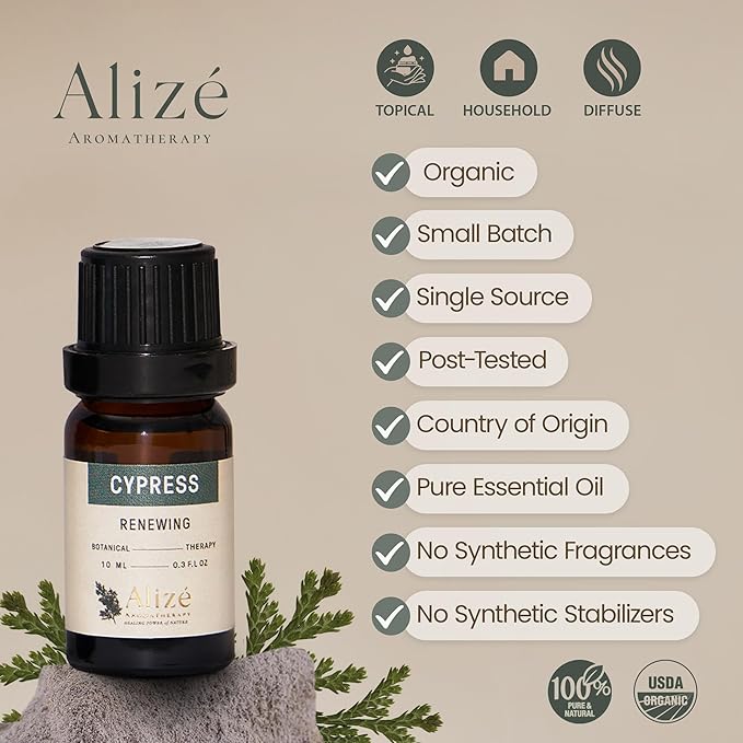 Organic Cypress Essential Oil USDA Certified, Therapeutic Grade, 100% Natural & Pure, Cypress Oil for Skin, Hair Removal, for Diffusers for Home 10ml-0.33 fl oz