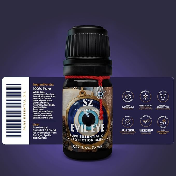 Evil Eye Protection Pure Essential Oil Blend - All-Natural Oils for Spells, Cleansing, Amulets & Rituals - Safeguard Against Negativity Evil & Harm -Therapeutic Grade & Vegan (5ml)
