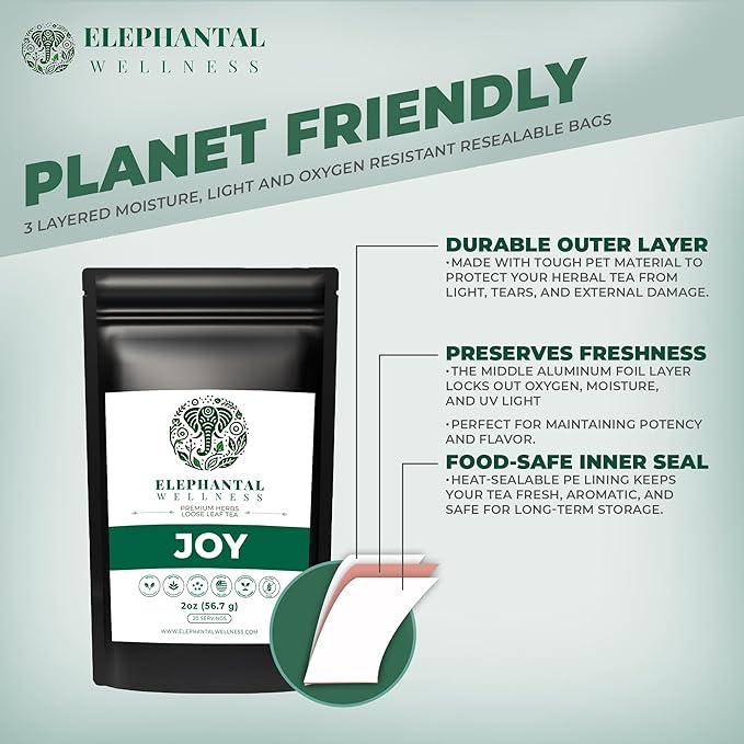 Elephantal Wellness Premium Joy Herbal Tea | Mood & Emotional Balance Support with St. John’s Wort, Kava, Ginkgo & Lavender | Handmade, Non-GMO, Caffeine-Free Loose Leaf Blend, 2oz, 20 Servings
