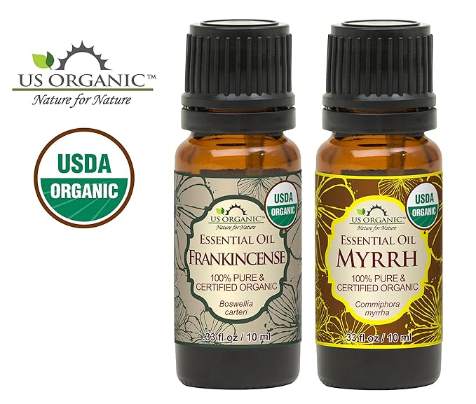 US Organic 100% Pure Myrrh, Frankincense Essential Oil Combo Pack - Directly sourced from The Horn of Africa - USDA Certified Organic - Use Topically or in Diffuser (10 ml Combo)