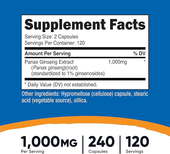 Nutricost Panax Ginseng 1000mg, 240 Capsules - Non GMO, Gluten Free, 120 Servings