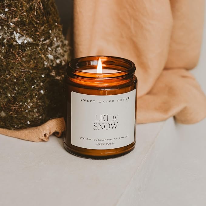 Sweet Water Decor Let it Snow Christmas Scented Candles - Christmas Stocking Stuffers Soy Candles with Cypress Scent - Christmas Candles with 40 Hours Burn Time - 9Oz Black Lid Amber Jar Wax Candles