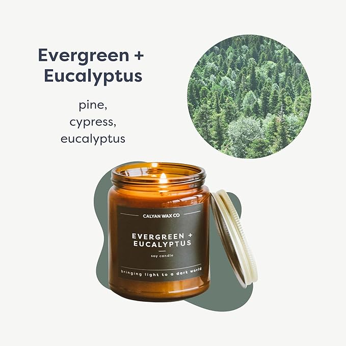 Calyan Wax Co. Evergreen & Eucalyptus Scented Candle - 57 Hour Burn - Luxury Non Toxic Soy Wax Candles - Long Lasting Amber Glass Jar Candle for Home - 7.2oz