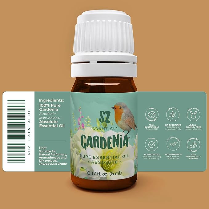 Gardenia 100% Pure, Essential Undiluted Oil - Extracted from Gardenia Jasminoides - Floral & Sweet Scent with Floral Overtones - Therapeutic Grade & Vegan - 0.17oz (5ml)