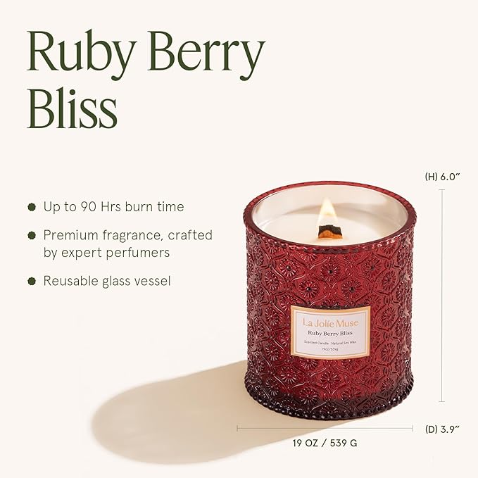 LA JOLIE MUSE Christmas Candle | Ruby Berry Bliss | Mandarin, Cranberry & Plum | 19 oz Soy Candle with Wooden Wick | 90-Hour Clean Burn | Holiday Winter Gift | Cozy Home Decor