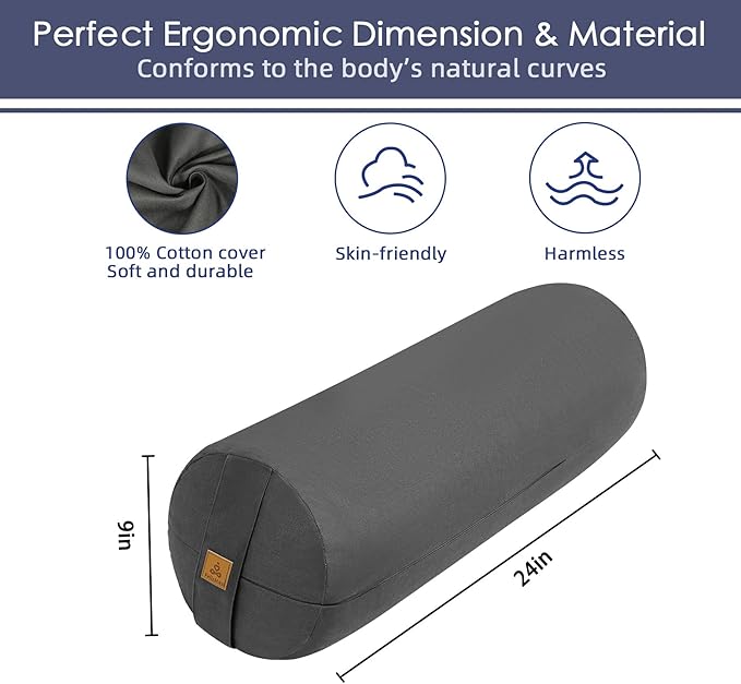 FelizMax Organic Buckwheat Bolster(24X9 in) Yoga Bolster Supportive Yoga Cushion for Restorative Yoga Accessories Meditation Pillow Reading Pillow Floor Pillow Large Round Cylinder