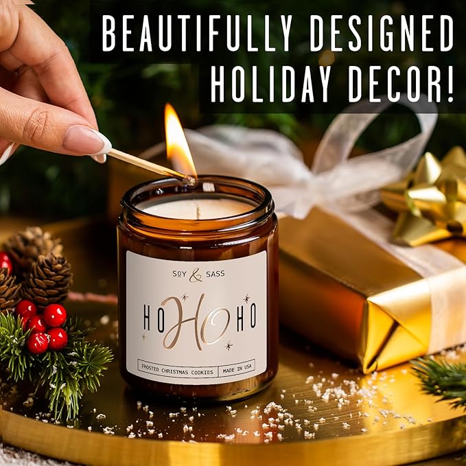 Christmas Candles Scented – ‘Ho Ho Ho’ Soy Christmas Candle, with Santa's Cookies Scent - Infused with Essential Oils I Holiday Candles I 9oz, 50Hr, Made in USA