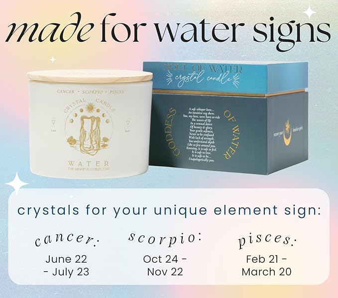 Pisces, Cancer, Scorpio Gifts for Women - 12oz Wood Wick Candles That Crackle with Crystals and Healing Stones. Healing Crystal Candles for Women Home Scented. Soy Wax, for Zodiac Birthdate